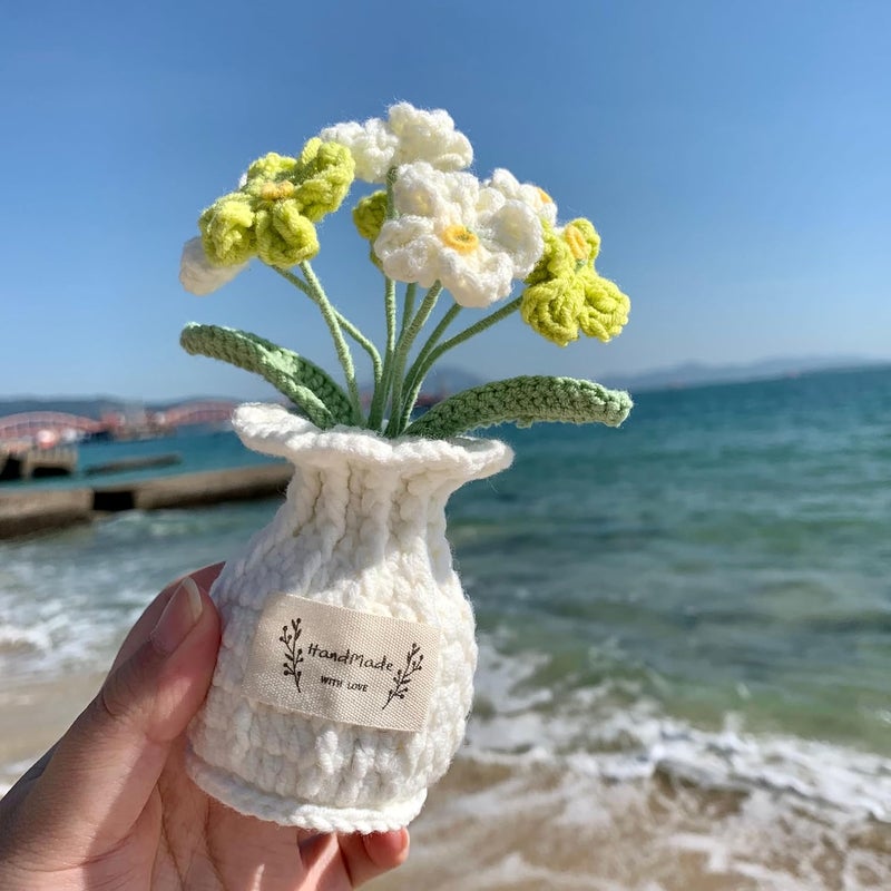 YOOJEE Crochet Flower Pot Christmas Forget-me-not Thank You Gifts for Wife Women Coworker Lover Friends Sister Handmade Knitted Green Crochet Potted Flower Birthday Cute Desk Decor for Women Office - Image 4